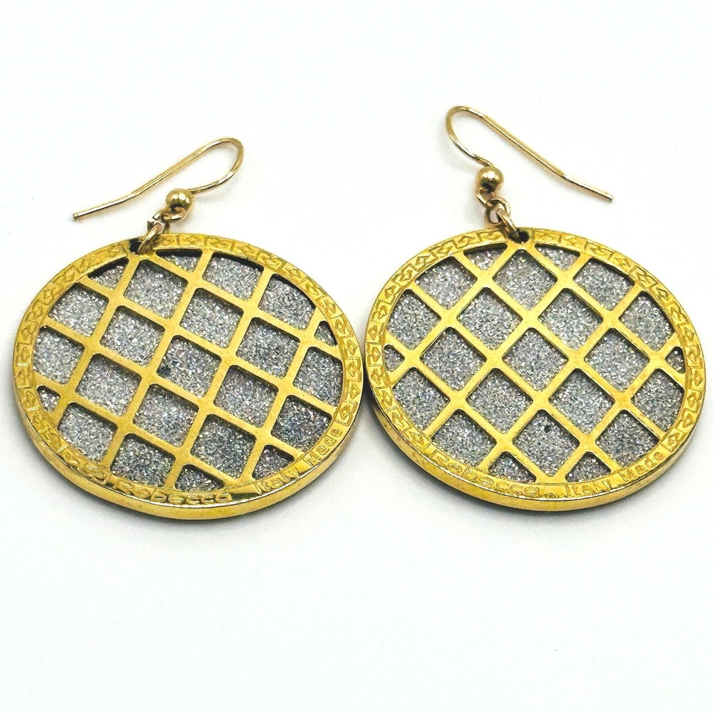 Rebecca Italy GoldTone Lattice Glitter Round Drop Dangle Earrings Italian Design